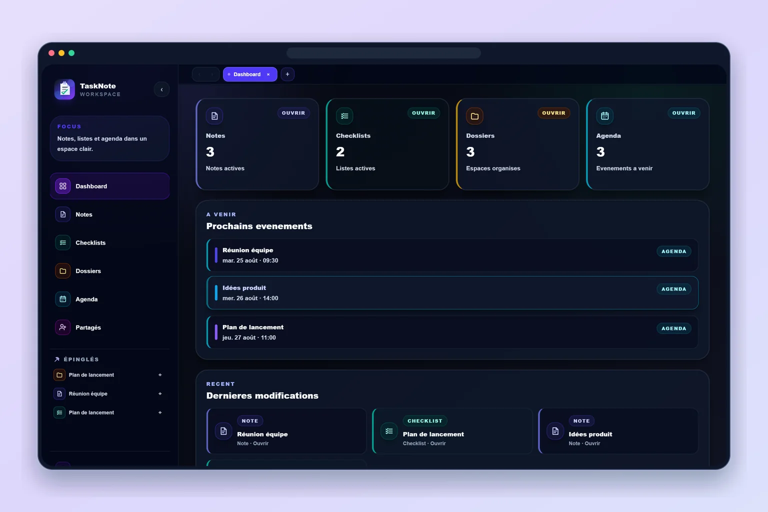 Interface TaskNote avec notes, dossiers et agenda