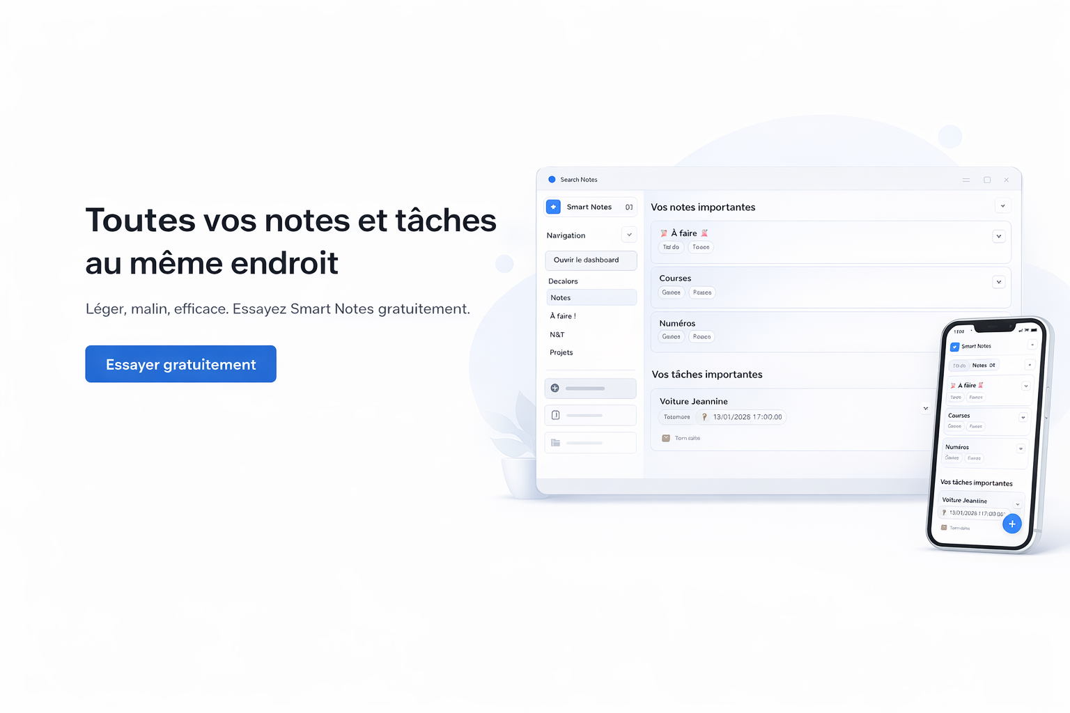 Aperçu de TaskNote avec notes, tâches et agenda sur desktop et mobile