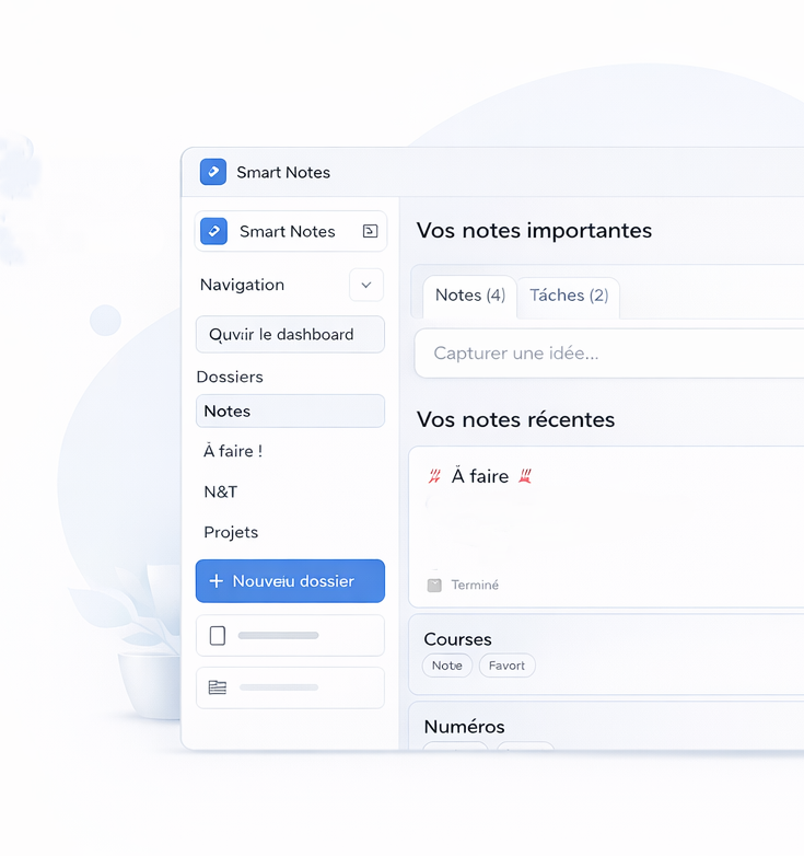Vue des notes dans TaskNote avec dossiers et notes récentes