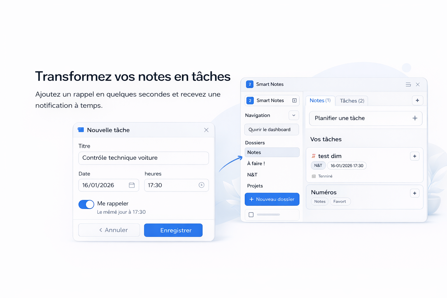 Vue des tâches dans TaskNote avec planification et rappel